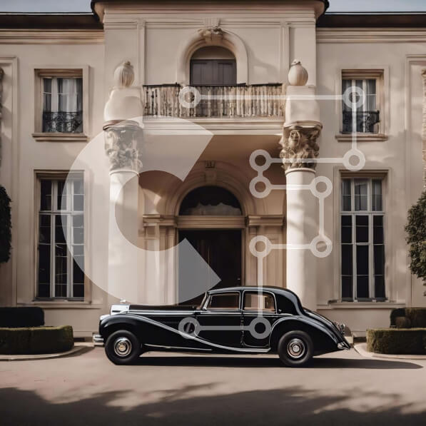 Intra Συλλεκτικό Ξύλινο Παζλ Plywood  4mm - Κομψό μαύρο αυτοκίνητο έξω από το περίτεχνο αρχοντικό Σε Ξύλινο Κουτί - Διαστάσεις Puzzle: 10x10 cm – 25 κομμάτια