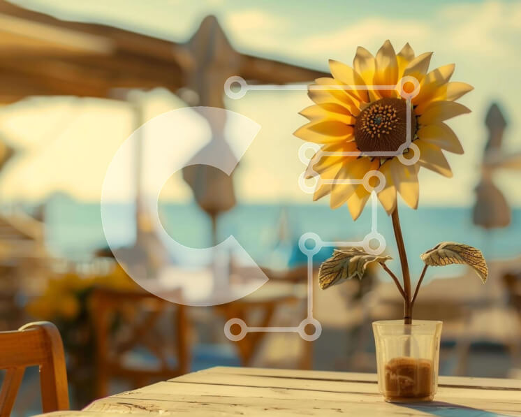 Intra Συλλεκτικό Ξύλινο Παζλ Plywood  4mm - Ηλίανθος σε υπαίθριο ξύλινο τραπέζι κοντά στην παραλία Σε Ξύλινο Κουτί - Διαστάσεις: 10x10 cm – 25 κομμάτια