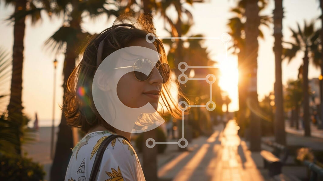 Intra Συλλεκτικό Ξύλινο Παζλ Plywood  4mm - Γυναίκα που περπατά στο ηλιοβασίλεμα με τους φοίνικες Σε Ξύλινο Κουτί - Διαστάσεις Puzzle: 10x10 cm – 25 κομμάτια