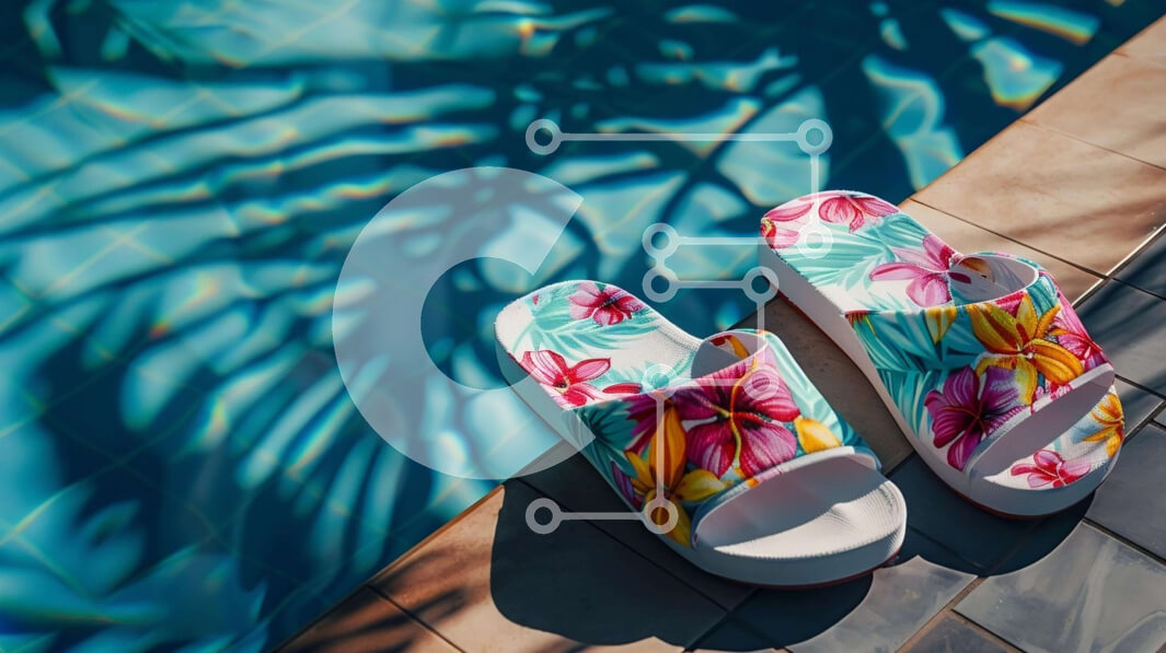 Intra Συλλεκτικό Ξύλινο Παζλ Plywood  4mm - Πολύχρωμες φλοράλ παντόφλες δίπλα στην πισίνα Σε Ξύλινο Κουτί - Διαστάσεις Puzzle: 10x10 cm – 25 κομμάτια