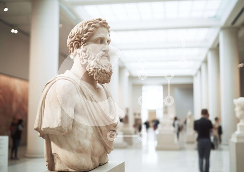 Intra Συλλεκτικό Ξύλινο Παζλ Plywood  4mm - Προτομή Αρχαίου Έλληνα φιλοσόφου στην αίθουσα τέχνης Σε Ξύλινο Κουτί - Διαστάσεις Puzzle: 10x10 cm – 25 κομμάτια