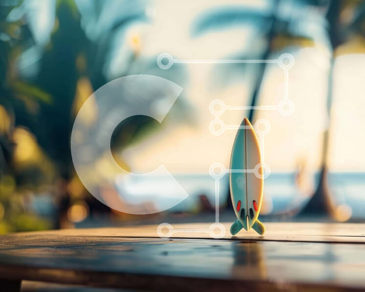 Intra Συλλεκτικό Ξύλινο Παζλ Plywood  4mm - Παιχνίδι σανίδα του σερφ σε εξωτερικό ξύλινο τραπέζι με φοίνικες Σε Ξύλινο Κουτί - Διαστάσεις Puzzle: 10x10 cm – 25 κομμάτια