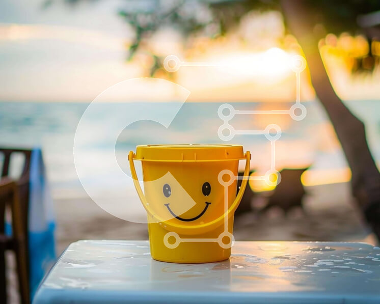 Intra Συλλεκτικό Ξύλινο Παζλ Plywood  4mm - Κίτρινος κουβάς με χαμογελαστό πρόσωπο κοντά στην παραλία και τον ωκεανό Σε Ξύλινο Κουτί - Διαστάσεις: 10x10 cm – 25 κομμάτια