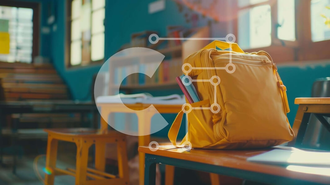 Intra Συλλεκτικό Ξύλινο Παζλ Plywood  4mm - Κίτρινο σακίδιο πλάτης και σχολικά είδη σε ξύλινο τραπέζι Σε Ξύλινο Κουτί - Διαστάσεις Puzzle: 10x10 cm – 25 κομμάτια