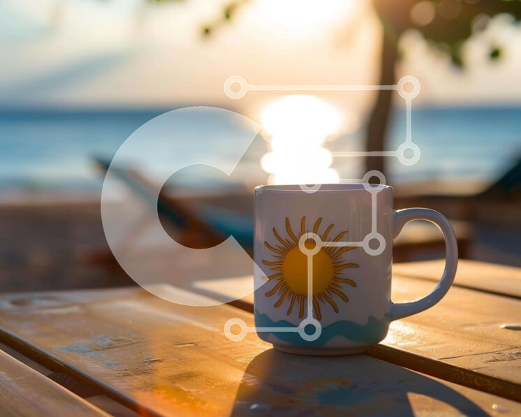 Intra Συλλεκτικό Ξύλινο Παζλ Plywood  4mm - Λευκή κούπα καφέ στο τραπέζι της παραλίας στο ηλιοβασίλεμα Σε Ξύλινο Κουτί - Διαστάσεις: 10x10 cm – 25 κομμάτια