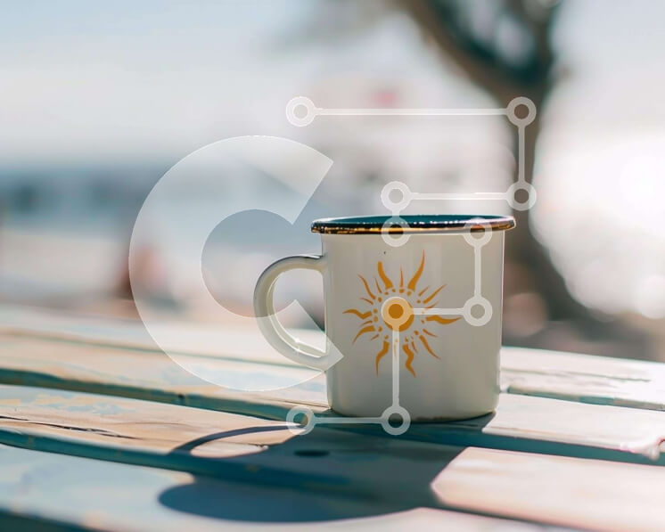 Intra Συλλεκτικό Ξύλινο Παζλ Plywood  4mm - Λευκή κούπα καφέ με σχέδιο ήλιου σε εξωτερικό τραπέζι κοντά στο νερό Σε Ξύλινο Κουτί - Διαστάσεις: 10x10 cm – 25 κομμάτια