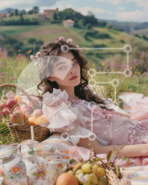 Intra Συλλεκτικό Ξύλινο Παζλ Plywood  4mm - Νεαρή γυναίκα με ροζ φόρεμα που περιβάλλεται από φρούτα και λουλούδια Σε Ξύλινο Κουτί - Διαστάσεις Puzzle: 10x10 cm – 25 κομμάτια