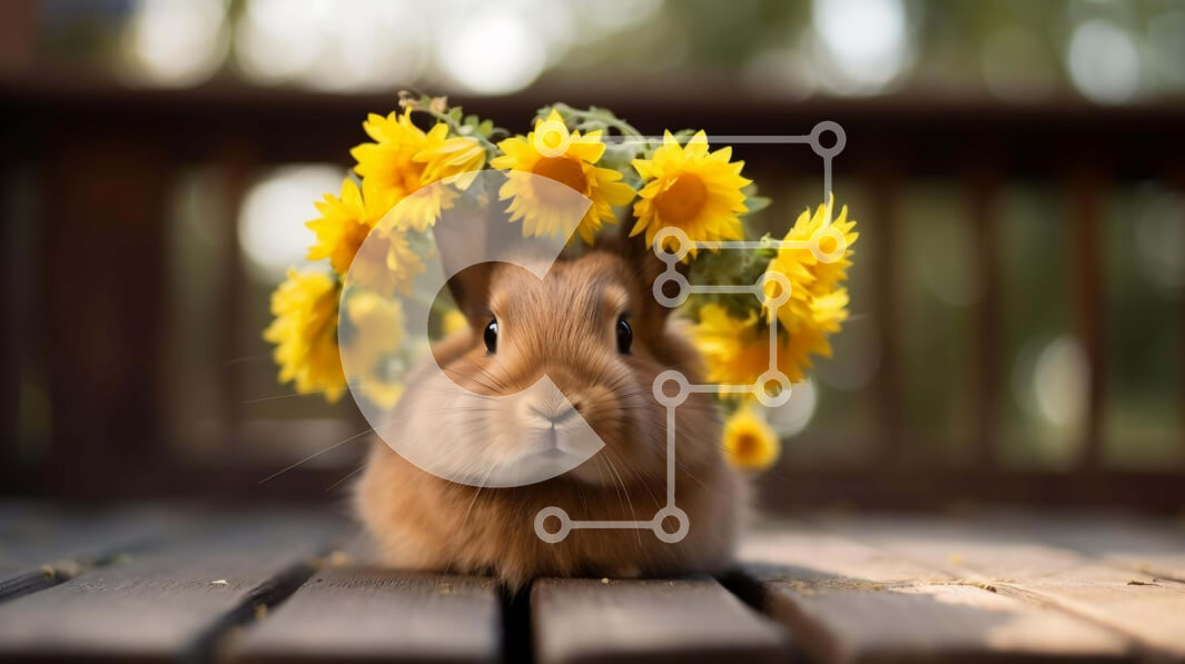 Σετ των 2 Intra Συλλεκτικό Ξύλινο Παζλ Plywood  4mm - Χαριτωμένο λαγουδάκι με ηλιοτρόπια που κάθεται στο ξύλινο κατάστρωμα Σε Ξύλινο Κουτί - Διαστάσεις: 10x10 cm – 25 κομμάτια