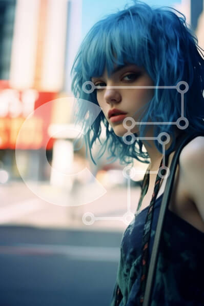 Intra Συλλεκτικό Ξύλινο Παζλ Plywood  4mm - Νεαρή γυναίκα με μπλε μαλλιά σε αστικό περιβάλλον Σε Ξύλινο Κουτί - Διαστάσεις Puzzle: 10x10 cm – 25 κομμάτια