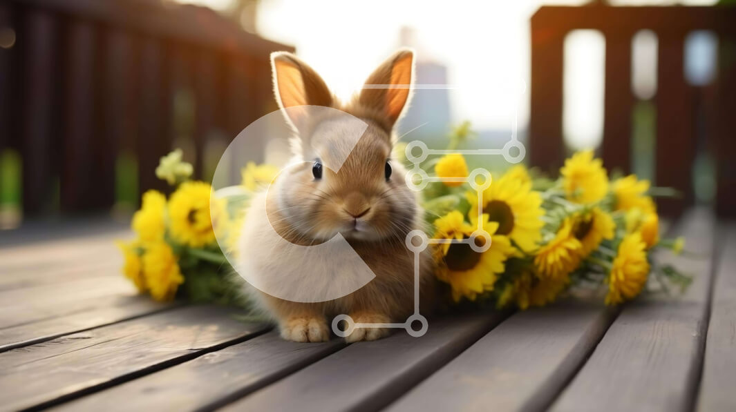 Intra Συλλεκτικό Ξύλινο Παζλ Plywood  4mm - Καφέ λαγουδάκι στα ηλιοτρόπια σε ένα ξύλινο κατάστρωμα Σε Ξύλινο Κουτί - Διαστάσεις: 10x10 cm – 25 κομμάτια