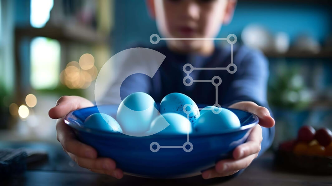 Intra Συλλεκτικό Ξύλινο Παζλ Plywood  4mm - Νεαρό αγόρι με τα μπλε Πασχαλινά αυγά σε ένα μπολ Σε Ξύλινο Κουτί - Διαστάσεις: 10x10 cm – 25 κομμάτια