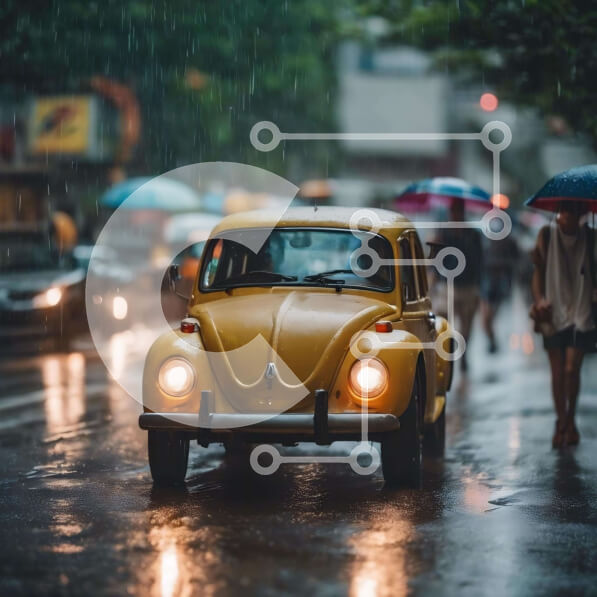 Intra Συλλεκτικό Ξύλινο Παζλ Plywood  4mm - Κίτρινο αυτοκίνητο Volkswagen Beetle που οδηγεί στη βροχή με πεζούς και ομπρέλες Σε Ξύλινο Κουτί - Διαστάσεις Puzzle: 10x10 cm – 25 κομμάτια