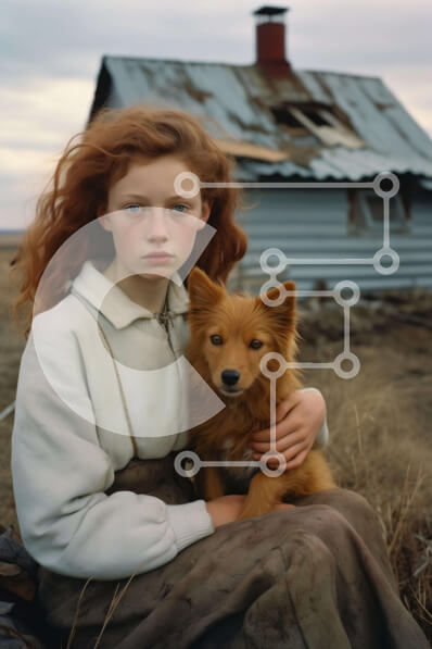 Intra Συλλεκτικό Ξύλινο Παζλ Plywood  4mm - Νεαρό κορίτσι με το σκυλί μπροστά από το παλιό σπίτι Σε Ξύλινο Κουτί - Διαστάσεις Puzzle: 10x10 cm – 25 κομμάτια