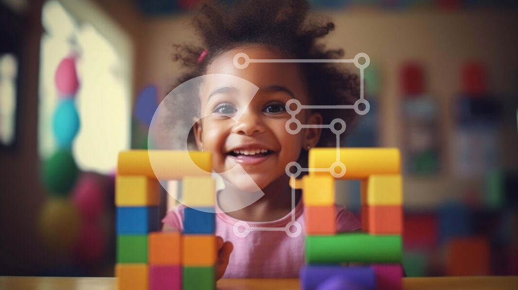 Intra Συλλεκτικό Ξύλινο Παζλ Plywood  4mm - Νεαρό κορίτσι που παίζει με πολύχρωμα μπλοκ Σε Ξύλινο Κουτί - Διαστάσεις Puzzle: 10x10 cm – 25 κομμάτια