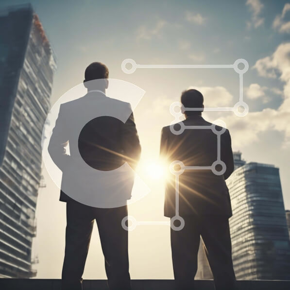 Intra Συλλεκτικό Ξύλινο Παζλ Plywood  4mm - Επιχειρηματίες στο ηλιοβασίλεμα μπροστά από τον ουρανοξύστη Σε Ξύλινο Κουτί - Διαστάσεις Puzzle: 10x10 cm – 25 κομμάτια