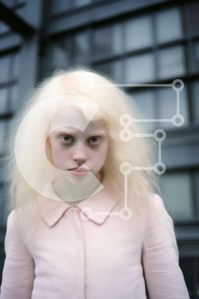 Intra Συλλεκτικό Ξύλινο Παζλ Plywood  4mm - Νεαρή γυναίκα με μακριά άσπρα μαλλιά μπροστά από την πολυκατοικία Σε Ξύλινο Κουτί - Διαστάσεις Puzzle: 10x10 cm – 25 κομμάτια