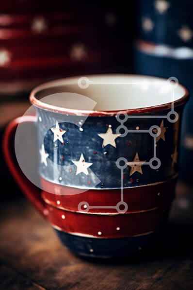 Intra Συλλεκτικό Ξύλινο Παζλ Plywood  4mm - Κόκκινο, λευκό και μπλε κεραμικό κύπελλο με αστέρια σε ξύλινο τραπέζι Σε Ξύλινο Κουτί - Διαστάσεις: 10x10 cm – 25 κομμάτια