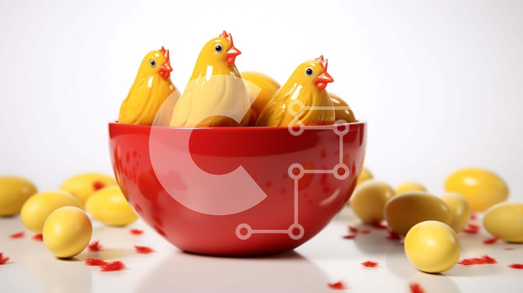 Intra Συλλεκτικό Ξύλινο Παζλ Plywood  4mm - Κυνήγι πασχαλινών αυγών με κόκκινο μπολ, κίτρινα κοτόπουλα και σκόρπια αυγά Σε Ξύλινο Κουτί - Διαστάσεις: 10x10 cm – 25 κομμάτια