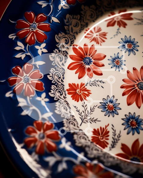 Intra Συλλεκτικό Ξύλινο Παζλ Plywood  4mm - Μπλε, κόκκινο και λευκό πιάτο με φλοράλ σχέδια Σε Ξύλινο Κουτί - Διαστάσεις: 10x10 cm – 25 κομμάτια