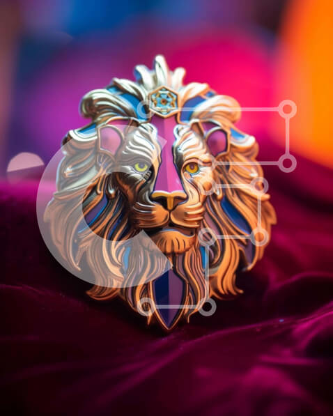 Intra Συλλεκτικό Ξύλινο Παζλ Plywood  4mm - Πολύχρωμη καρφίτσα με κεφαλή λιονταριού σε κόκκινο βελούδινο ύφασμα Σε Ξύλινο Κουτί - Διαστάσεις: 10x10 cm – 25 κομμάτια