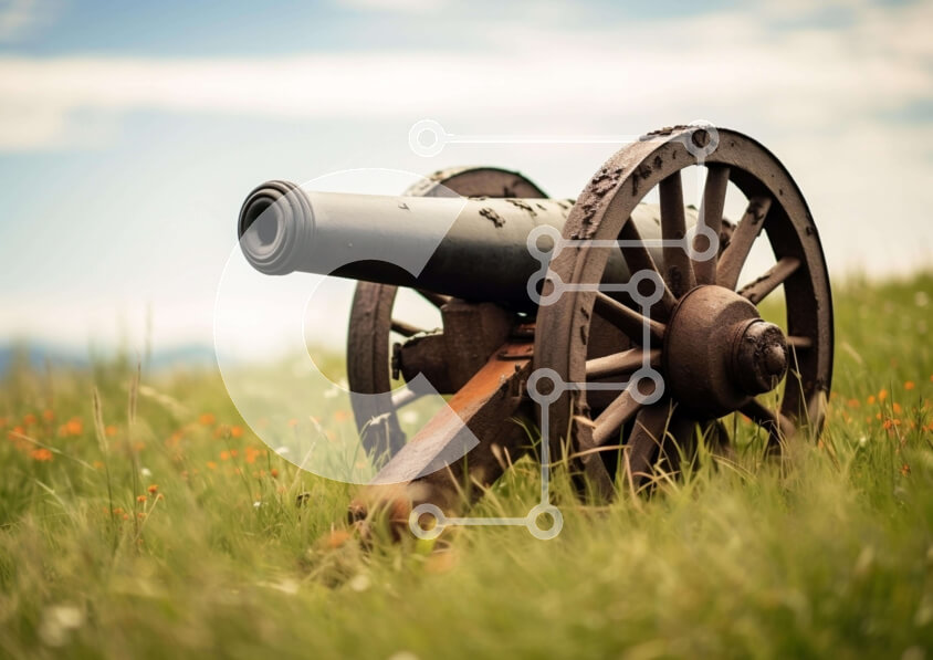 Intra Συλλεκτικό Ξύλινο Παζλ Plywood  4mm - Vintage κανόνι σε χορταριασμένο χωράφι με λουλούδια Σε Ξύλινο Κουτί - Διαστάσεις Puzzle: 10x10 cm – 25 κομμάτια