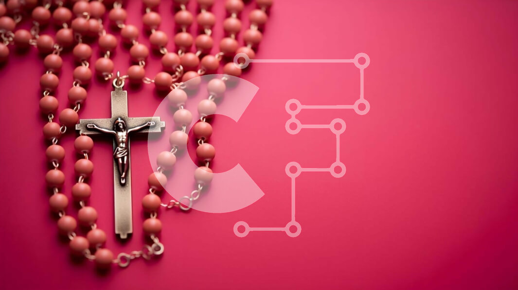 Intra Συλλεκτικό Ξύλινο Παζλ Plywood  4mm - Θρησκευτικά σύμβολα σε ροζ φόντο με κομπολόγια και σταυρό Σε Ξύλινο Κουτί - Διαστάσεις Puzzle: 10x10 cm – 25 κομμάτια