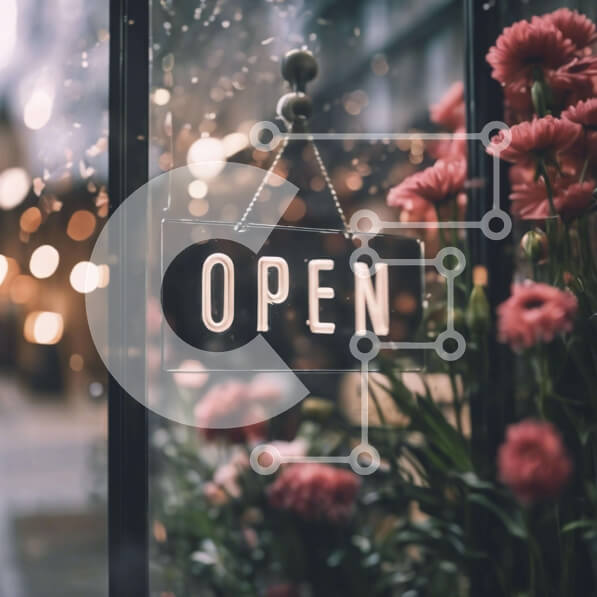 Intra Συλλεκτικό Ξύλινο Παζλ Plywood  4mm - Βιτρίνα καταστήματος με ανοιχτή πινακίδα και ροζ λουλούδια Σε Ξύλινο Κουτί - Διαστάσεις Puzzle: 10x10 cm – 25 κομμάτια