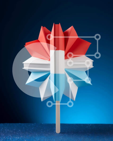 Intra Συλλεκτικό Ξύλινο Παζλ Plywood  4mm - Κόκκινο, λευκό και μπλε λουλούδι Origami με φόντο τη σημαία των Ηνωμένων Πολιτειών Σε Ξύλινο Κουτί - Διαστάσεις Puzzle: 10x10 cm – 25 κομμάτια