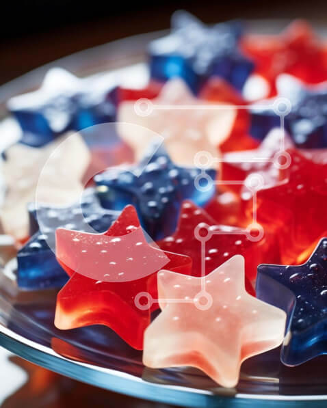 Intra Συλλεκτικό Ξύλινο Παζλ Plywood  4mm - 4 Ιουλίου Κόκκινα, λευκά και μπλε Gummy Bears και επιδόρπια που μοιάζουν με ζελέ Σε Ξύλινο Κουτί - Διαστάσεις: 10x10 cm – 25 κομμάτια