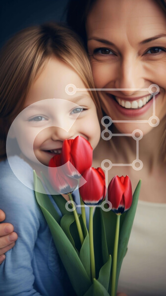 Intra Συλλεκτικό Ξύλινο Παζλ Plywood  4mm - Μητέρα και κόρη με κόκκινες τουλίπες Σε Ξύλινο Κουτί - Διαστάσεις Puzzle: 10x10 cm – 25 κομμάτια