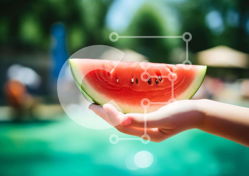 Σετ των 2 Intra Συλλεκτικό Ξύλινο Παζλ Plywood  4mm - Άτομο που κρατά άγουρη φέτα καρπούζι δίπλα στην πισίνα Σε Ξύλινο Κουτί - Διαστάσεις: 10x10 cm – 25 κομμάτια