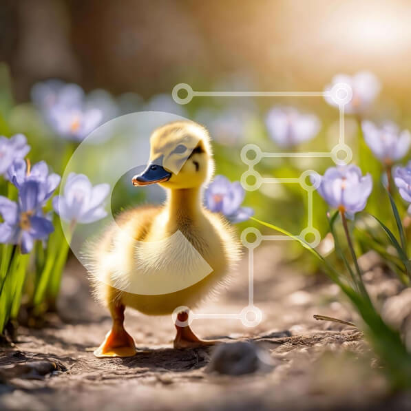 Intra Συλλεκτικό Ξύλινο Παζλ Plywood  4mm - Νέα κίτρινη πάπια ανάμεσα στα μπλε λουλούδια ασφόδελου Σε Ξύλινο Κουτί - Διαστάσεις: 10x10 cm – 25 κομμάτια