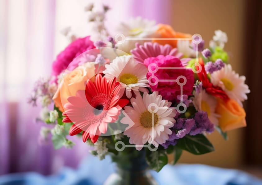 Intra Συλλεκτικό Ξύλινο Παζλ Plywood  4mm - Πολύχρωμη λουλουδένια σύνθεση σε γυάλινο βάζο σε μωβ τραπεζομάντιλο Σε Ξύλινο Κουτί - Διαστάσεις Puzzle: 10x10 cm – 25 κομμάτια