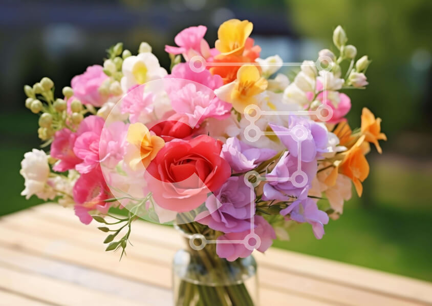 Intra Συλλεκτικό Ξύλινο Παζλ Plywood  4mm - Πολύχρωμο βάζο με λουλούδια σε εξωτερικό ξύλινο τραπέζι Σε Ξύλινο Κουτί - Διαστάσεις: 10x10 cm – 25 κομμάτια