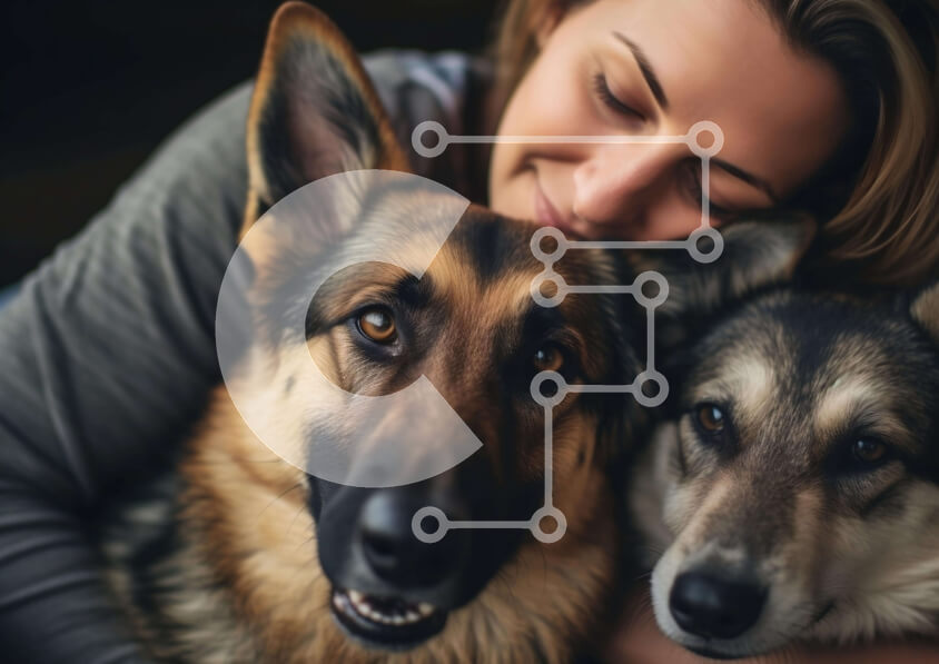 Σετ των 2 Intra Συλλεκτικό Ξύλινο Παζλ Plywood  4mm - Γυναίκα που αγκαλιάζει δύο γερμανικά ποιμενικά σκυλιά Σε Ξύλινο Κουτί - Διαστάσεις: 10x10 cm – 25 κομμάτια