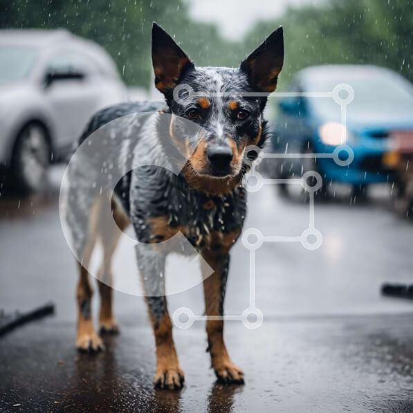 Intra Συλλεκτικό Ξύλινο Παζλ Plywood  4mm - Σκύλος που στέκεται στη βροχή στο δρόμο με αυτοκίνητα και ομπρέλες Σε Ξύλινο Κουτί - Διαστάσεις: 10x10 cm – 25 κομμάτια