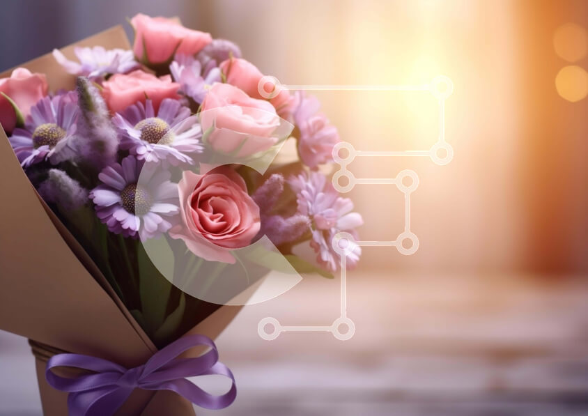 Intra Συλλεκτικό Ξύλινο Παζλ Plywood  4mm - Μπουκέτο με ροζ, μοβ και λευκά λουλούδια σε καφέ χάρτινη τσάντα Σε Ξύλινο Κουτί - Διαστάσεις: 10x10 cm – 25 κομμάτια