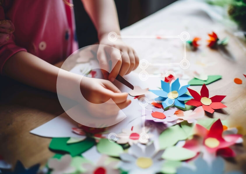 Intra Συλλεκτικό Ξύλινο Παζλ Plywood  4mm - Child Creating Paper Flowers - Puzzle με θέμα Τέχνες and Crafts Project Σε Ξύλινο Κουτί - Διαστάσεις Puzzle: 10x10 cm – 25 κομμάτια