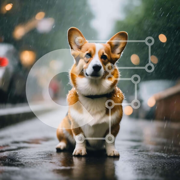 Intra Συλλεκτικό Ξύλινο Παζλ Plywood  4mm - Corgi Dog σε Rainy Urban σκηνικό Σε Ξύλινο Κουτί - Διαστάσεις: 10x10 cm – 25 κομμάτια