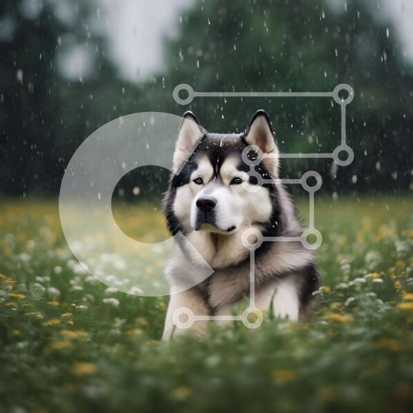 Intra Συλλεκτικό Ξύλινο Παζλ Plywood  4mm - Μαύρο και άσπρο σκυλί χάσκι σε βροχερό καιρό Σε Ξύλινο Κουτί - Διαστάσεις: 10x10 cm – 25 κομμάτια