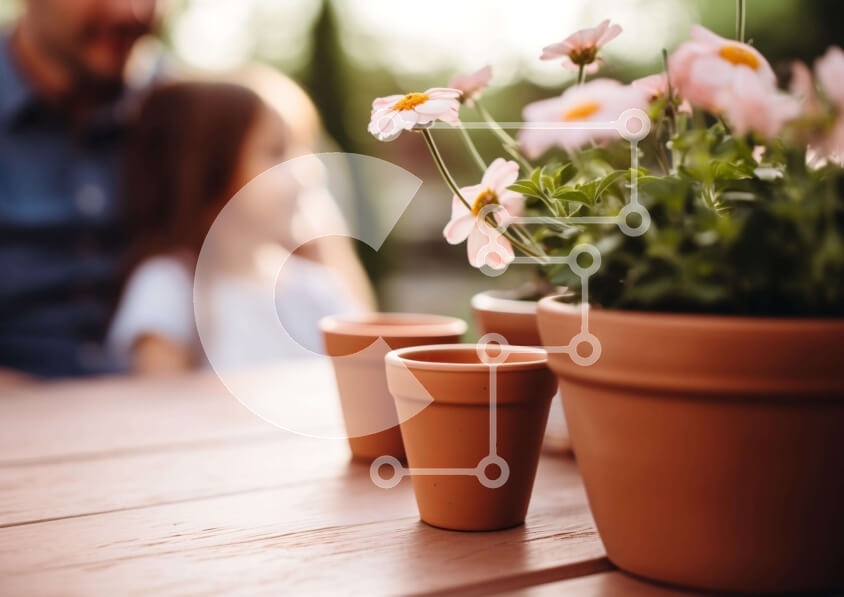 Intra Συλλεκτικό Ξύλινο Παζλ Plywood  4mm - Σκηνή κήπου με ξύλινο τραπέζι, λουλούδια σε γλάστρες και ανθρώπους Σε Ξύλινο Κουτί - Διαστάσεις Puzzle: 10x10 cm – 25 κομμάτια