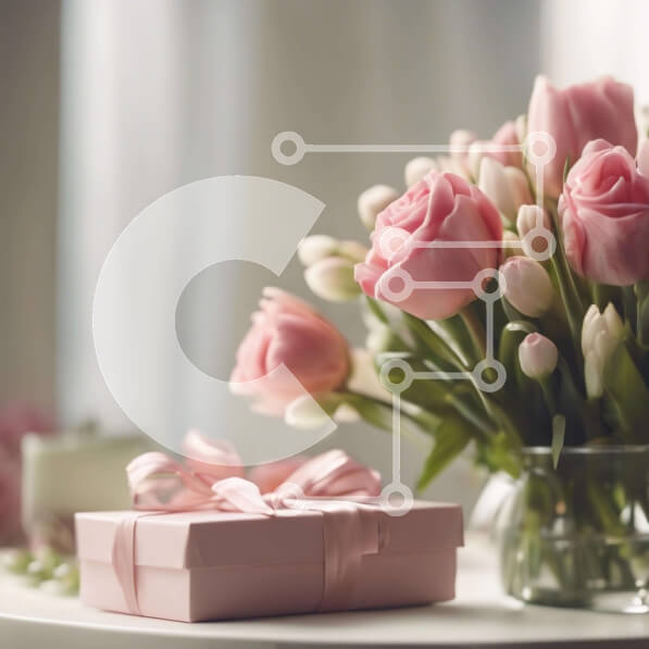 Σετ των 2 Intra Συλλεκτικό Ξύλινο Παζλ Plywood  4mm - Βάζο με ροζ τριαντάφυλλα και ανοιχτό κουτί δώρου στο τραπέζι Σε Ξύλινο Κουτί - Διαστάσεις: 10x10 cm – 25 κομμάτια