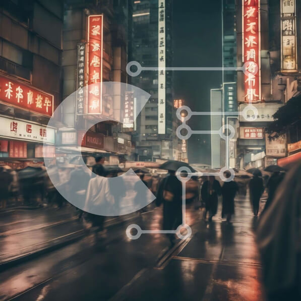 Intra Συλλεκτικό Ξύλινο Παζλ Plywood  4mm - Πολυσύχναστο City Street τη νύχτα με ανθρώπους και ομπρέλες στη βροχή Σε Ξύλινο Κουτί - Διαστάσεις Puzzle: 10x10 cm – 25 κομμάτια