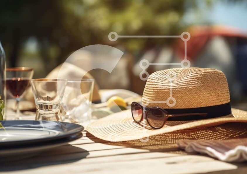 Σετ των 2 Intra Συλλεκτικό Ξύλινο Παζλ Plywood  4mm - Τραπέζι εξωτερικού χώρου με καπέλο, γυαλιά ηλίου, μπουκάλι κρασιού και μαχαιροπίρουνα Σε Ξύλινο Κουτί - Διαστάσεις: 10x10 cm – 25 κομμάτια