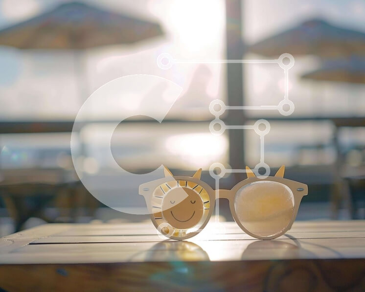 Intra Συλλεκτικό Ξύλινο Παζλ Plywood  4mm - Γυαλιά ηλίου σε ξύλινο τραπέζι με φόντο ομπρέλα Σε Ξύλινο Κουτί - Διαστάσεις Puzzle: 10x10 cm – 25 κομμάτια