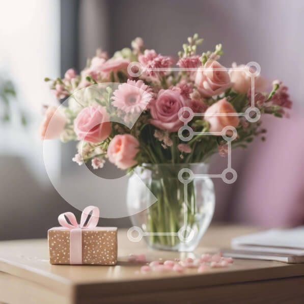 Σετ των 2 Intra Συλλεκτικό Ξύλινο Παζλ Plywood  4mm - Ροζ τριαντάφυλλα σε γυάλινο βάζο σε ξύλινο τραπέζι με κουτί δώρου Σε Ξύλινο Κουτί - Διαστάσεις: 10x10 cm – 25 κομμάτια