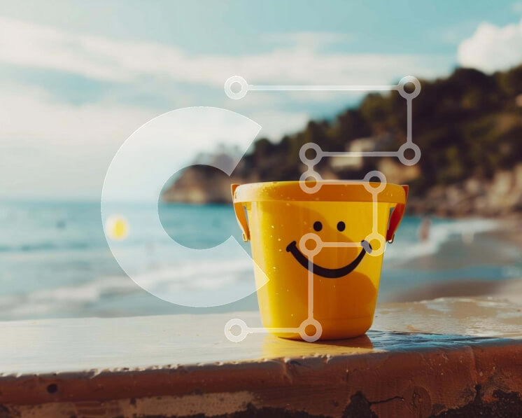 Intra Συλλεκτικό Ξύλινο Παζλ Plywood  4mm - Κίτρινος κουβάς με Smiley Face δίπλα στην παραλία Σε Ξύλινο Κουτί - Διαστάσεις Puzzle: 10x10 cm – 25 κομμάτια