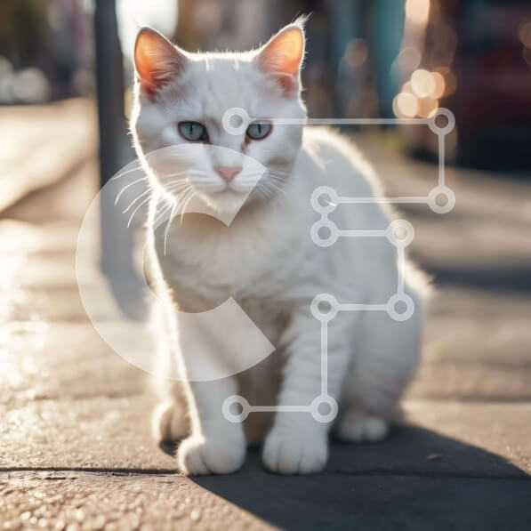 Intra Συλλεκτικό Ξύλινο Παζλ Plywood  4mm - Λευκή γάτα με μπλε μάτια στο πεζοδρόμιο Σε Ξύλινο Κουτί - Διαστάσεις: 10x10 cm – 25 κομμάτια