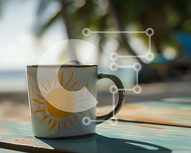 Intra Συλλεκτικό Ξύλινο Παζλ Plywood  4mm - Λευκή κούπα καφέ με σχέδιο ήλιου σε εξωτερικό ξύλινο τραπέζι Σε Ξύλινο Κουτί - Διαστάσεις: 10x10 cm – 25 κομμάτια