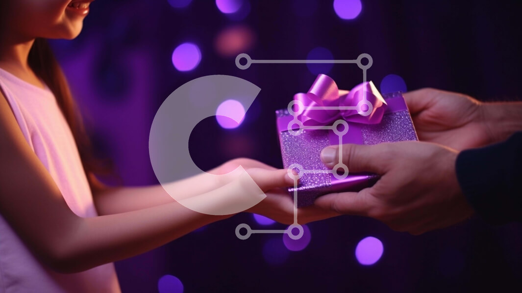 Intra Συλλεκτικό Ξύλινο Παζλ Plywood  4mm - Νεαρό κορίτσι που λαμβάνει μωβ κουτί δώρου με φώτα Σε Ξύλινο Κουτί - Διαστάσεις Puzzle: 10x10 cm – 25 κομμάτια